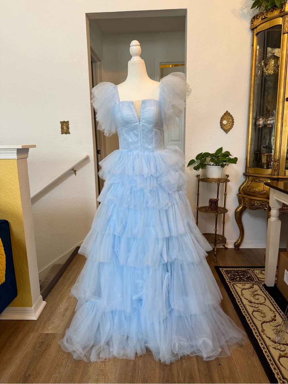 Light Blue Tulle Ruffled Maxi Dress